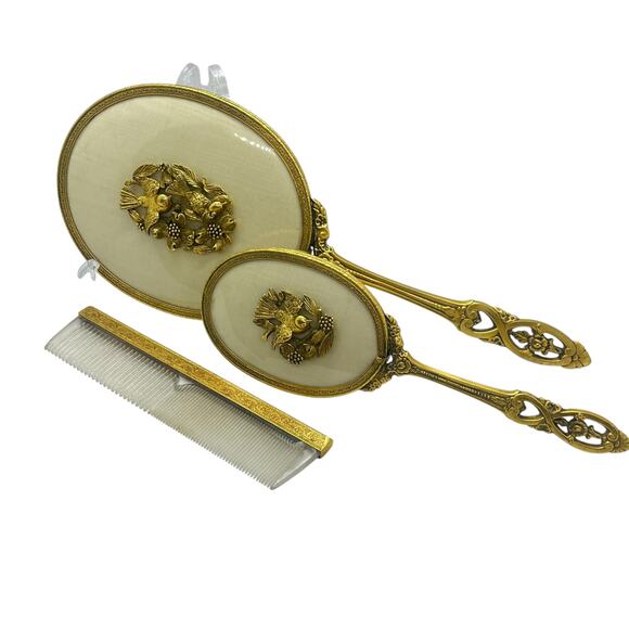 Vintage Ormalu 3 Piece Vanity Set Gold Tone Brush Comb Mirror - Picture 1 of 12